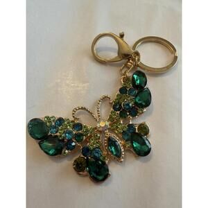 Butterfly Keychain Gold Tone Green Rhinestones